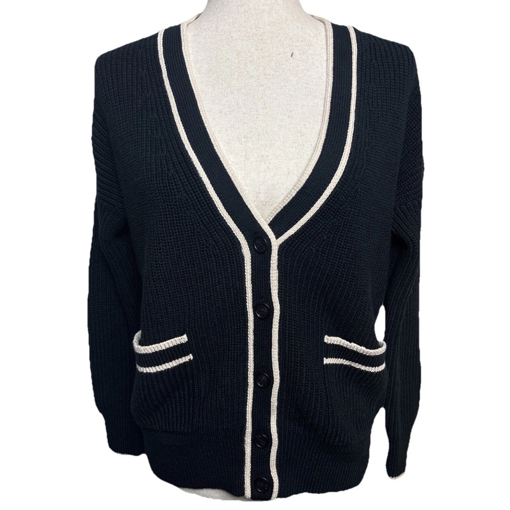 J Crew Ribbed Cotton Cardigan Sweater XS Black Preppy Ivy Tennis